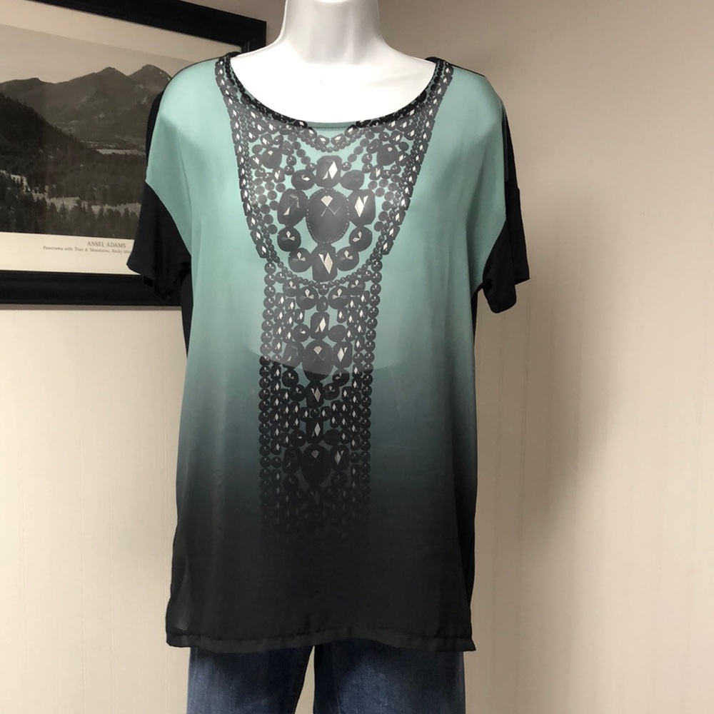 Women’s MNG Jeans Black and Blue Jewel Patterned T Shirt Top Size S